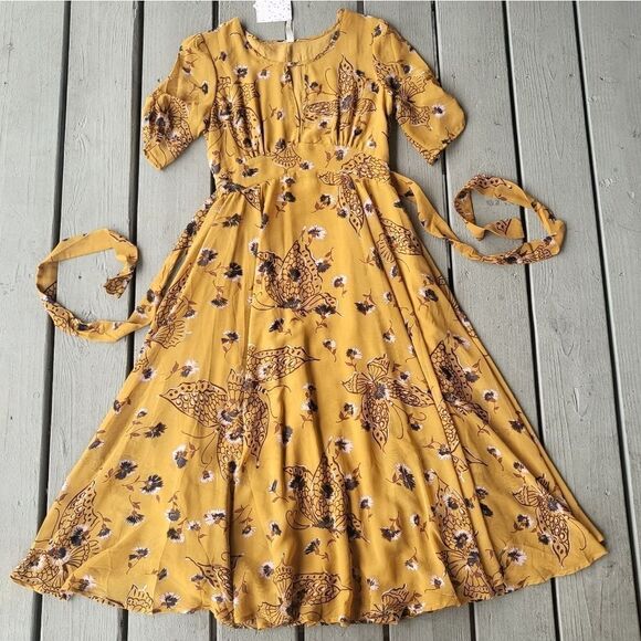 NWT Free People Mustard Yellow Bonnie Butterfly Keyhole Boho‎ Midi Dress 2 - Picture 6 of 11